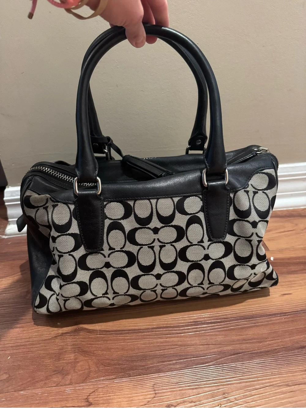 Coach Signature Canvas Satchel in Black and Ivory with Tassel